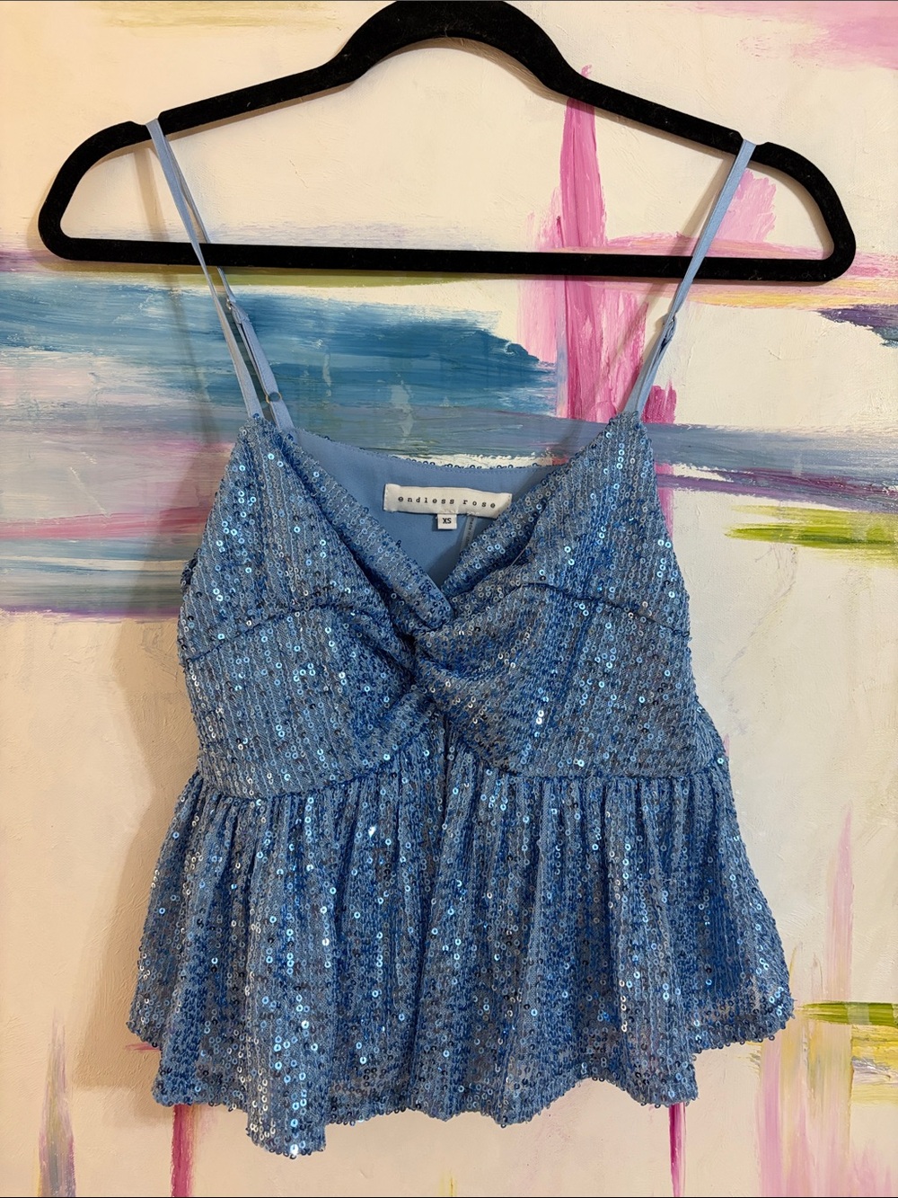 Endless Rose Light Blue Sequin Cowl Peplum Camisole